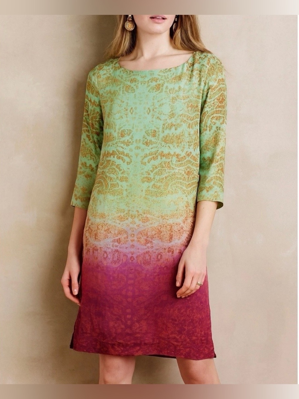 Anthropologie Maeve Cleome Ombré Silk Paisley Shift Dress Multicolor Pocket MedP